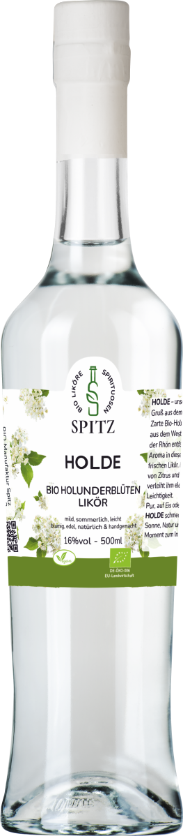 Holde – zarter Bio-Holunderblütenlikör mit blumiger Frische und natürlicher Leichtigkeit.