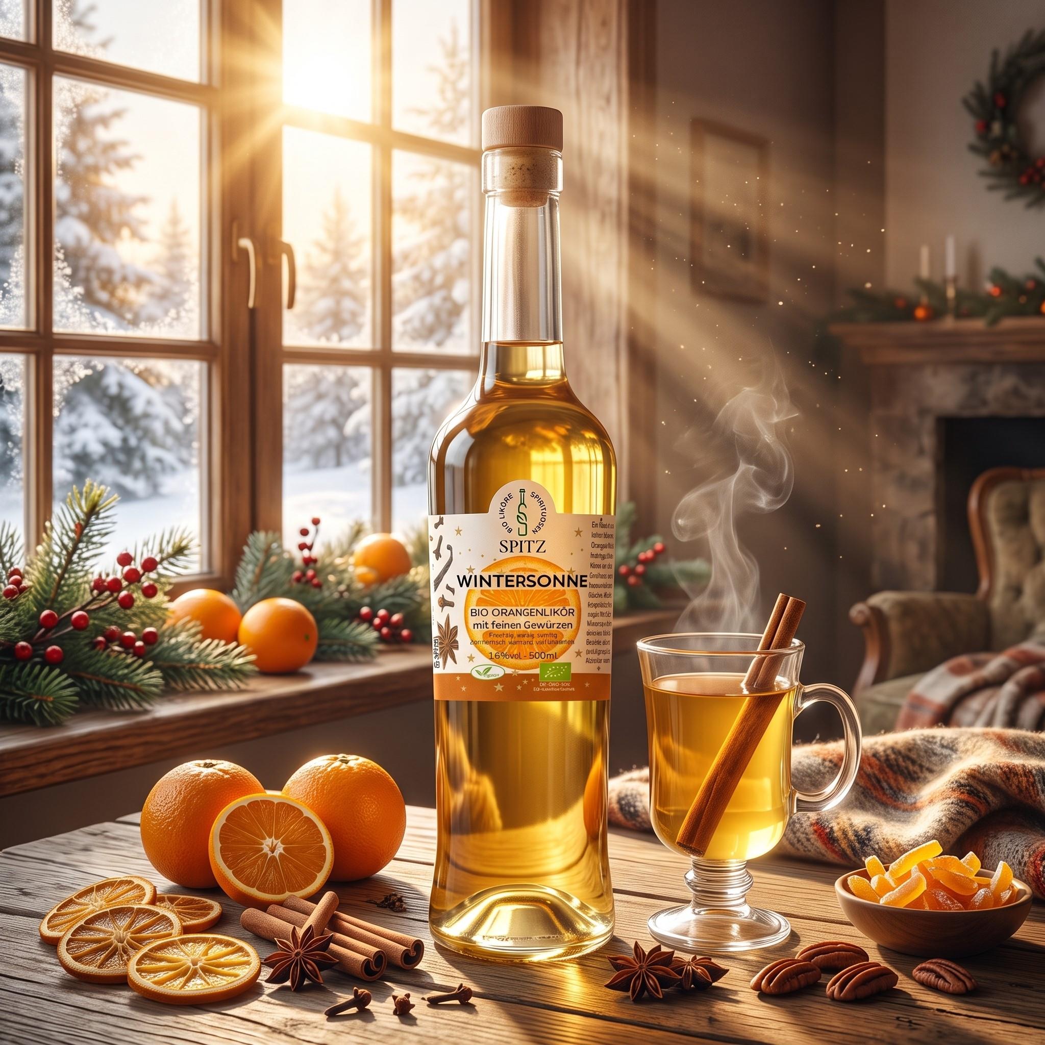 Wintersonne - Bio-Orangenlikör mit feinen Gewürzen – fruchtig, wärmend, handgemacht.